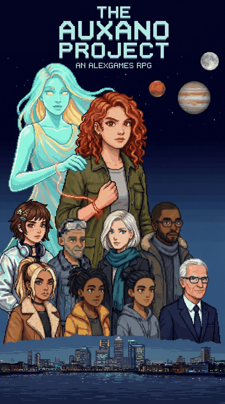 The Auxano Project key art: Lillie — a young woman with untidy copper-red curls and an olive jacket — stands in the centre, a red cord bracelet glowing on her wrist. Behind her rises a tall female figure made of cyan and gold light, a thread of light running down to the bracelet. Her friends and rivals surround her in portrait frames; Mars, Jupiter and the Moon hang in the sky above the lit towers of London's riverside.