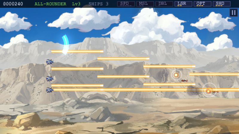 The player's ship and its three satellites firing four parallel laser lances across a desert canyon as drones explode.