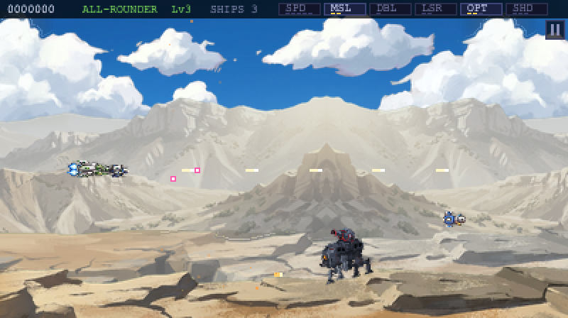A four-legged walker machine crossing the desert floor below the player's ship, its roof turret tracking upward.