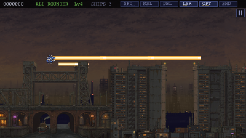 The ship skimming the tower blocks of a neon city of bridges and warehouses at dusk.