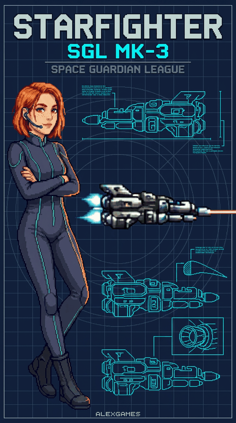 Starfighter SGL MK-3 key art: Kestrel, the pilot — short copper-red hair, a dark flight suit — standing arms folded beside blueprint schematics of her fighter, with the ship itself flying out of the drawings.