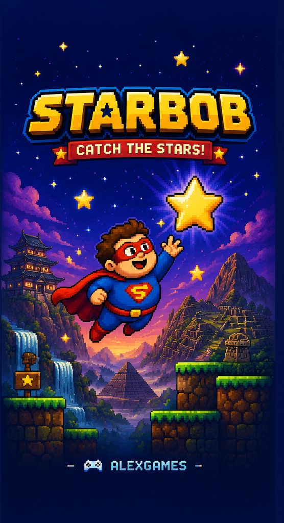 Starbob — a caped pixel hero leaping to catch a glowing gold star over a starry mountain twilight. Catch the stars!